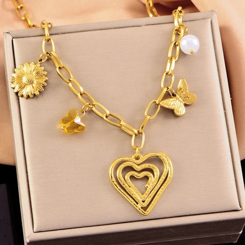 Collar Bohemio de Acero Inoxidable con Multi Dijes para Mujer Chapado en Oro Corazón Mariposa Flor Colgante Perla Artificial Joyería de Moda Regalo