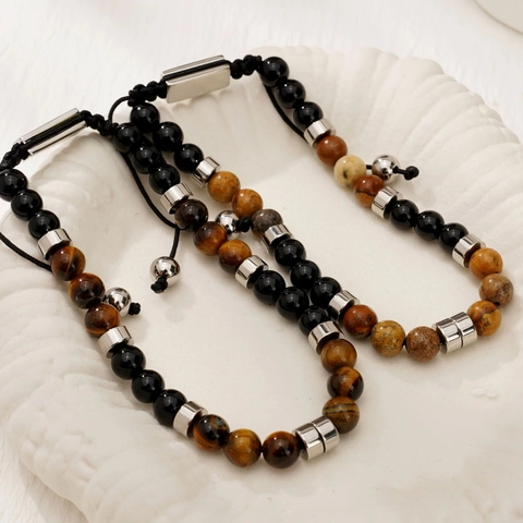 Men Natural Tiger Eye Stone Beaded Bracelet Black Agate Map Stone Adjustable Stainless Steel Minimalist Jewelry Gift