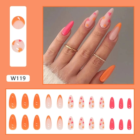Uñas Postizas A Presión Almendra Largas Naranja Rosa Diseño De Corazón French Tip Plástico ABS Manicura Para Mujeres