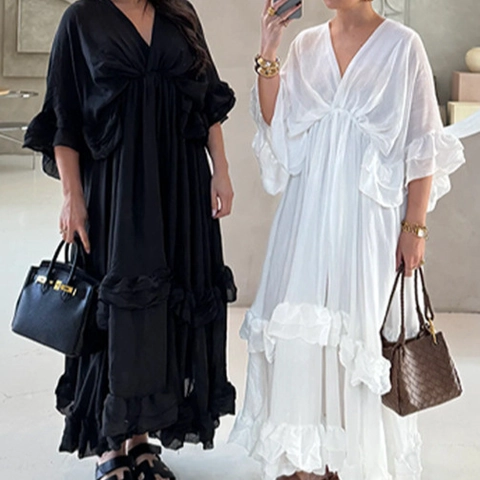 Abito Lungo Donna Stile Francese Scollo A V Manica Con Volant Orlo A Balze Vita Alta Tinta Unita Elegante Mare Poliestere