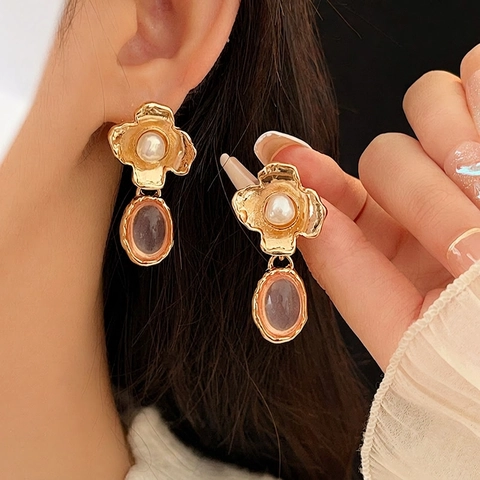 Pendientes Colgantes De Flores Barrocas Vintage Con Perla Artificial Resina Rosa Piedra Y Poste De Oreja De Plata Esterlina 925
