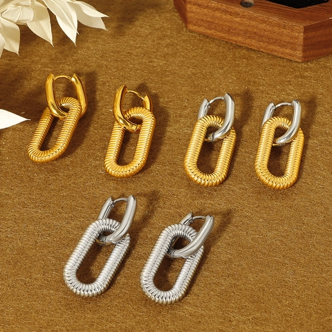 Chunky Double Hoop Earrings For Women 18K Gold Plated Stainless Steel Intertwined Oval Geometric Textured Thread Dangle