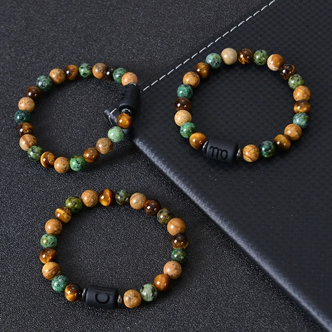 Zodiac Bracelet Natural Tiger Eye Picture Stone Beaded Adjustable Handmade Retro Western Jewelry For Men Women