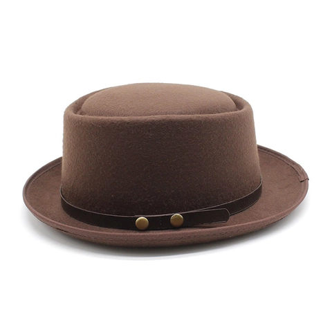 British Vintage Wool Felt Pork Pie Hat Solid Color Retro Flat Top Fedora With Leather Band And Rivets Gentleman