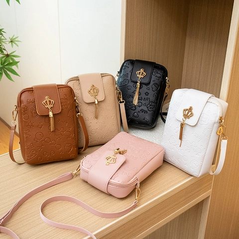Mini Crossbody Cell Phone Bag For Women PU Leather Embossed Cartoon Pattern Metal Crown Tassel Fashion Vertical Square Pouch