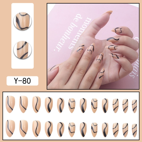Artificial Press On Nails Short Almond Shape Nude Color Black Wave Lines Minimalist Modern Manicure