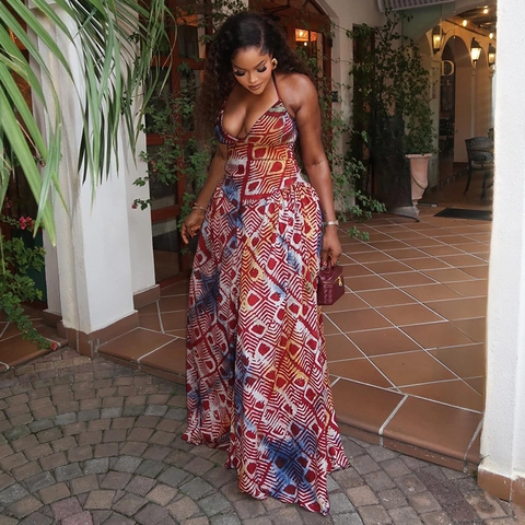 Halfter Ausschnitt Maxikleid Geometrischer Druck Rückenfrei Tiefer V-Ausschnitt Polyester Spandex Boho Urlaub Stil Damen A-Linie