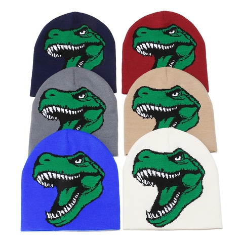 Dinosaurier Beanie Mütze Acryl Gestrickt Warm Winter Totenkopf Kappe Mit T-Rex Jacquard Muster Lässig Outdoor