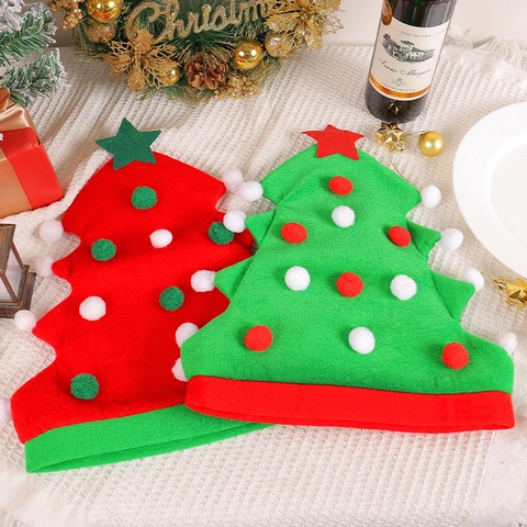 Christmas Tree Shaped Party Hat Festive Costume Cap With Colorful Pom Poms Red Green Soft Fabric Xmas Holiday Decoration Headwear