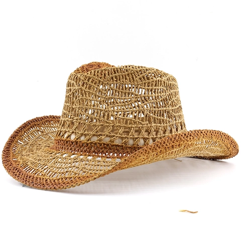 Καπέλο Cowboy Ψάθινο Διάτρητο Αναπνέον Χαρτί Προστασία Από Τον Ήλιο Western Στυλ Ντεγκραντέ Μεγάλο Γείσο Καλοκαιρινό Παραλία