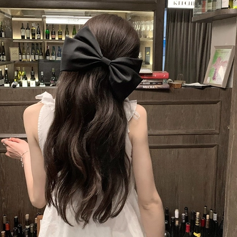 Oversized Zwarte Satijnen Strik Haarclip Volumineuze Legering Veer Barrette Elegante Haarspeld Voor Dames