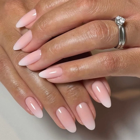 Unghie Finte A Pressione Sfumate Rosa Bianco Stile Francese Forma Mandorla Unghie Artificiali Lucide
