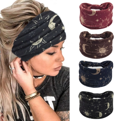 Breites Stirnband Elastischer Stoff Himmelsdruck Sonne Mond Stern Muster Boho Haarband Für Yoga Sport Täglich Frauen