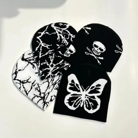 Y2K Strickmütze Beanie Schmetterling Totenkopf Muster Acryl Warm Streetwear Unisex Winter Kopfbedeckung