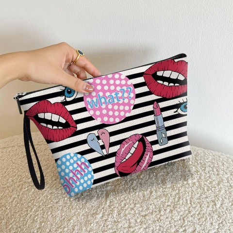 Cosmetic Bag Linen Blend Striped Lip Print Large Capacity Zippered Toiletry Pouch Travel Organizer With Wrist Strap For Women