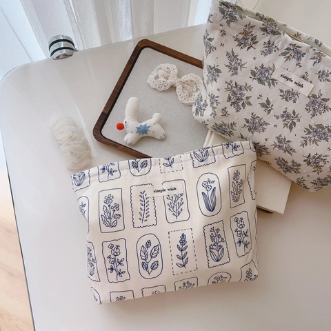 Women Floral Makeup Bag Cotton Canvas Zipper Pouch Travel Storage Organizer Case Pastoral Retro Style Simple Utility