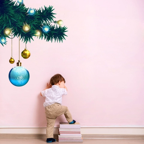 Pegatina Pared Navidad PVC Rama Pino Luces Colores Bola Oro Azul Decoración Festiva Salón Ventana Mural Removible