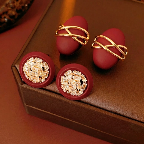 Vintage Hong Kong Style Oval Stud Earrings Copper Red Matte Painted With Silver Earring Post For Women