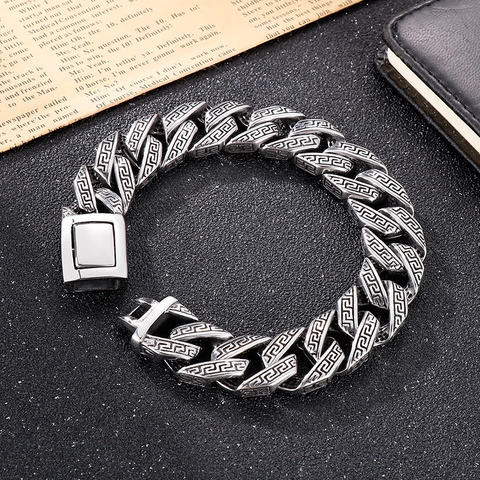Men 316L Stainless Steel Cuban Link Bracelet Greek Key Meander Pattern Interlocking Rings Heavy Punk Jewelry