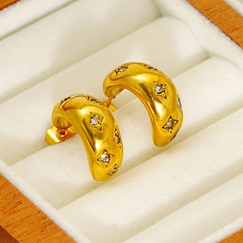 Orecchini A Cerchio In Acciaio Inossidabile A Forma Di C Da Donna Placcati Oro 18K Con Strass Inlay Gioielli Vintage