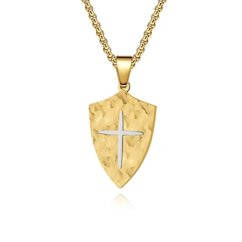 Collana Uomo Pendente Croce Scudo Acciaio Inossidabile Texture Martellata Retro Religioso Punk Stile Britannico