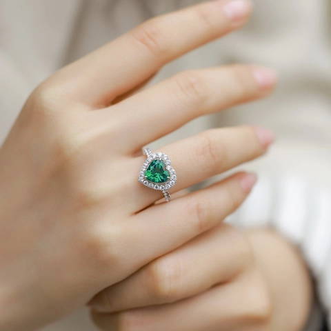 Vintage 925 Sterling Zilveren Hartvormige Lab-Smaragd Ring Voor Dames Luxe Zirconia Halo Mode Sieraden Cadeau