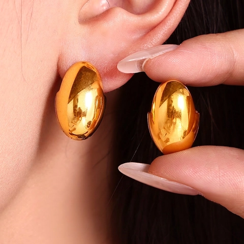 Franse Retro Ovalen Eivormige Chunky Hoop Oorbellen Titanium Staal Goud Zilver Verguld Hoogglans Geometrische Oorknoppen