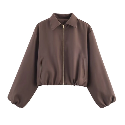 Women Casual Jacket Polyester Suede Style Solid Color Zipper Short Coat Loose Fit Long Sleeve Lapel Collar Pocket
