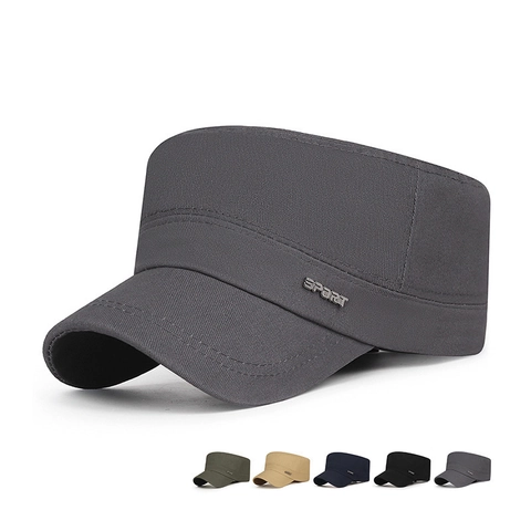 Men Cotton Cadet Cap Flat Top Hat Military Style Adjustable Outdoor Sun Protection Casual Sport Metal Label