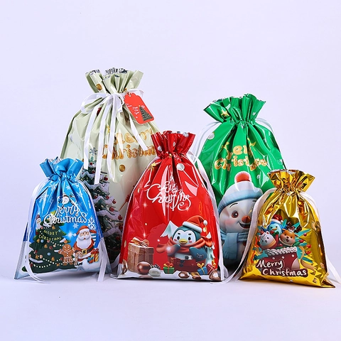 Christmas Drawstring Gift Bags Metallic Foil PE Plastic Candy Wrap Pouches Merry Christmas Festive Holiday Favors