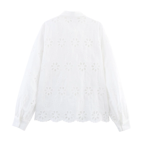 Dames Franse Stijl Holle Borduurwerk Wit Shirt Lange Mouwen Omslagkraag Geplooide Losse Blouse Top