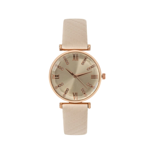 Fashion Women Quartz Watch Elegant Rhinestone Dial Alloy Case Faux Leather Textured Strap Roman Numerals Ladies Wristwatch