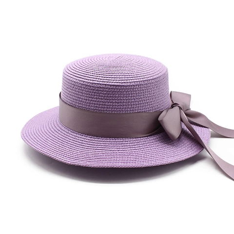 Women Straw Boater Hat Flat Top Wide Brim With Satin Ribbon Bow Sun Protection Summer Beach Vacation Elegant Accessory