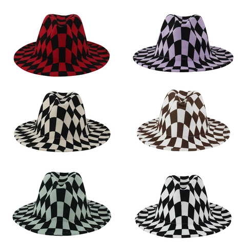Fedora Hoed Met Brede Rand Schaakbordpatroon Polyester Vilt Jazz Cap Vintage Britse Stijl Voor Volwassenen