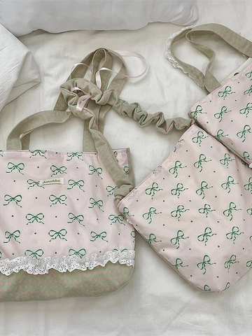 Women Canvas Tote Bag Bowknot Print Gingham Checkered Handbag Sweet Lace Trim Ruched Strap Japanese Style Shoulder Bag