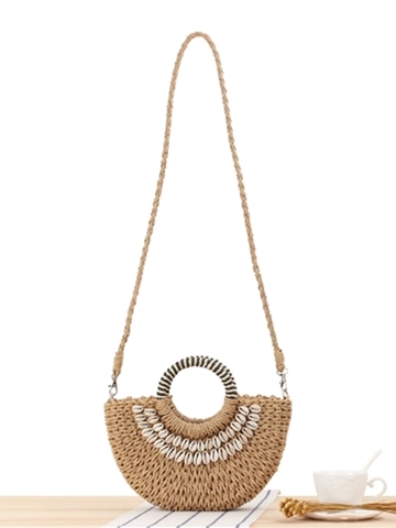 Boheemse Handgeweven Halve Cirkel Papieren Touw Tas Met Natuurlijke Schelp Decoratie Vakantie Strand Crossbody Tas Dames