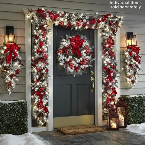Couronne De Noël Guirlande Teardrop Swag Flocage Neige Pin Artificiel Nœud Rouge Baie Pomme De Pin LED Déco Porte