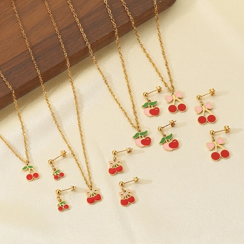 Cherry Necklace And Earrings Jewelry Stainless Steel Enamel Sweet Fruit Theme Fashion Accessory For Women