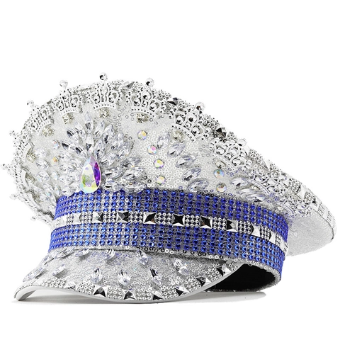 Silver Sequin Captain Hat With Blue Rhinestones Metal Crown Fringe For Festival Party Stage Performance Novelty