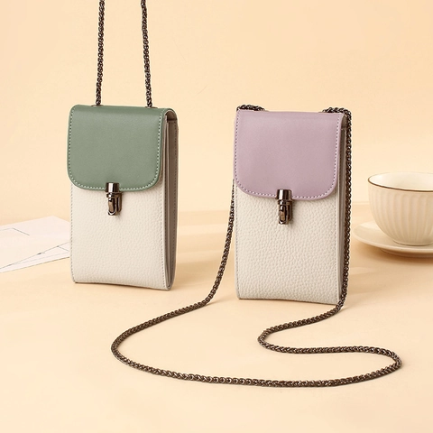 Damen Handyhülle Aus Echtem Leder Colorblock Umhängetasche Mit Kette Litschi-Struktur Vertikale Quadratische Umhängetasche