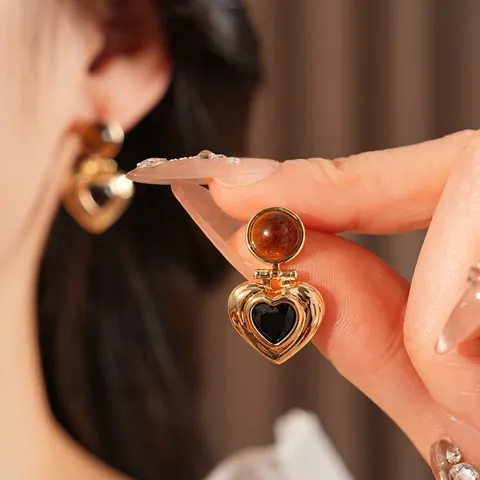 Vintage Heart Dangle Earrings With Tiger Eye Stone And Black Gemstone Gold Plated Copper Silver Earring Post