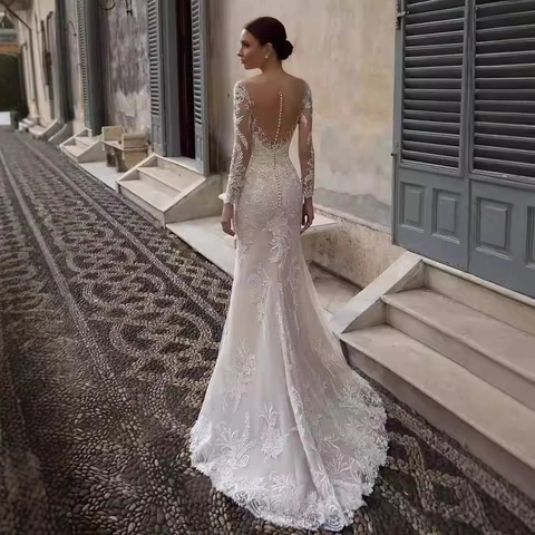 Zeemeermin Trouwjurk Diepe V Hals Kant Lange Mouwen Open Rug Bruidsjurk Tule Sleep Elegante Afslankende Silhouette