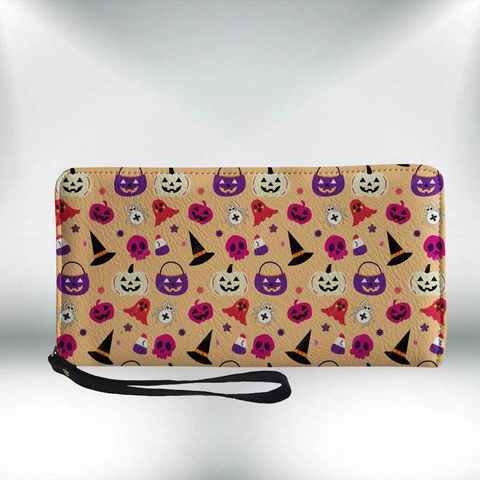 Halloween Lange Geldbörse PU-Leder Clutch Mit Reißverschluss Und Handschlaufe Totenkopf Kürbis Geist Druck Für Damen