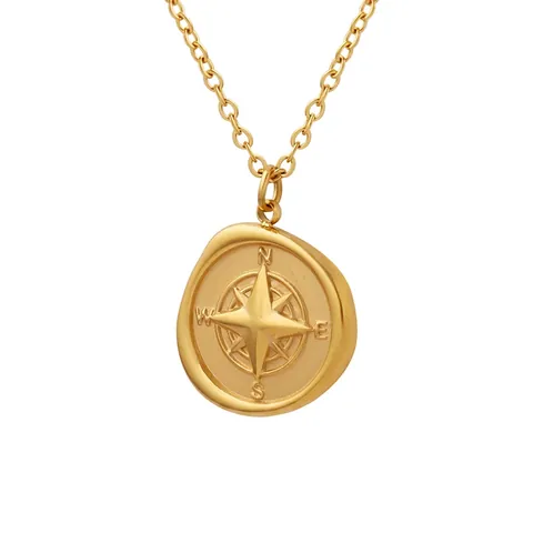 Kompas Ronde Munt Hanger Ketting Titanium Staal 18K Verguld Vintage Minimalistisch Sieraden Sleutelbeenketing Vrouwen