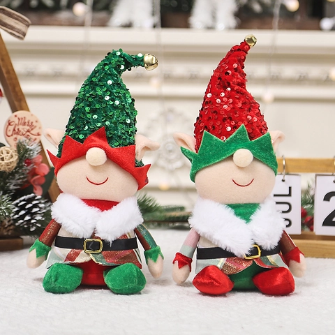 Christmas Sequin Gnome Elf Plush Doll Ornament Red Green Plaid Faceless Dwarf Desktop Decoration Holiday Home Party Decor