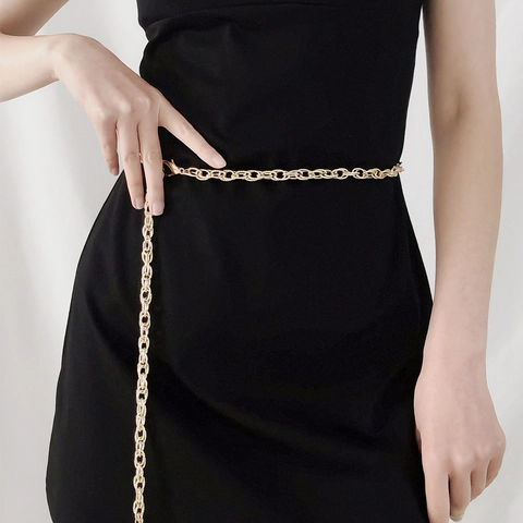 Women Waist Chain Belt Gold Metal Hollow Link Adjustable Dress Decoration Rhinestone Four-Leaf Clover Pendant Elegant