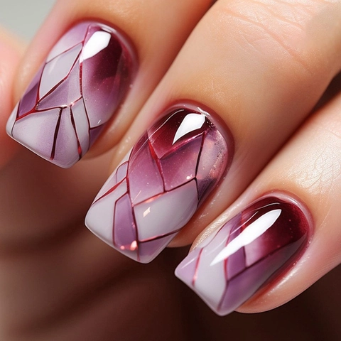 Faux Ongles Press On À Motif Géométrique Brillant Violet Blanc Rouge Vin Carrés Longueur Moyenne Tendance Femmes
