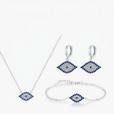 Gioielli In Argento Sterling 925 Collana Bracciale Orecchini Zircone Blu Bianco Malocchio Lusso Retrò Donna Regalo