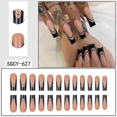 Unghie Press On Lunghe Bara French Punte Nere Doppie Linee Curve Base Nude Unghie Finte Artificiali
