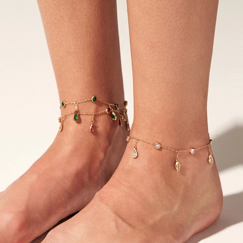 Edelstahl Fußkettchen Mit Zirkon Tropfen Rund Anhänger Boho Elegant Sommer Strand Schmuck Für Damen
